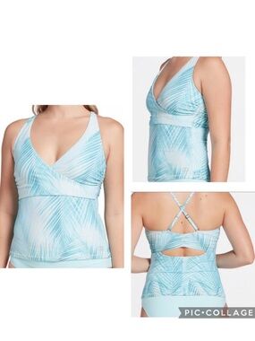 🆕 CALIA Wrap Front Tankini Soft Palms Blue 1X Tummy Control